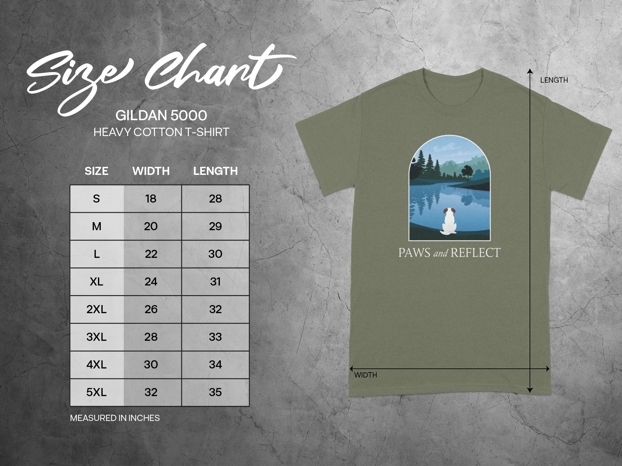 Paws and Reflect Lake Design T-shirt with Size Chart