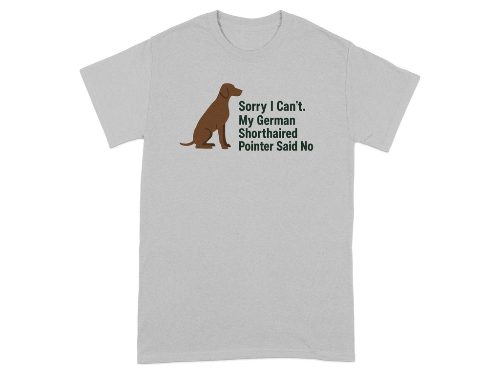 Grey t-shirt with a brown German Shorthaired Pointer silhouette and text.
