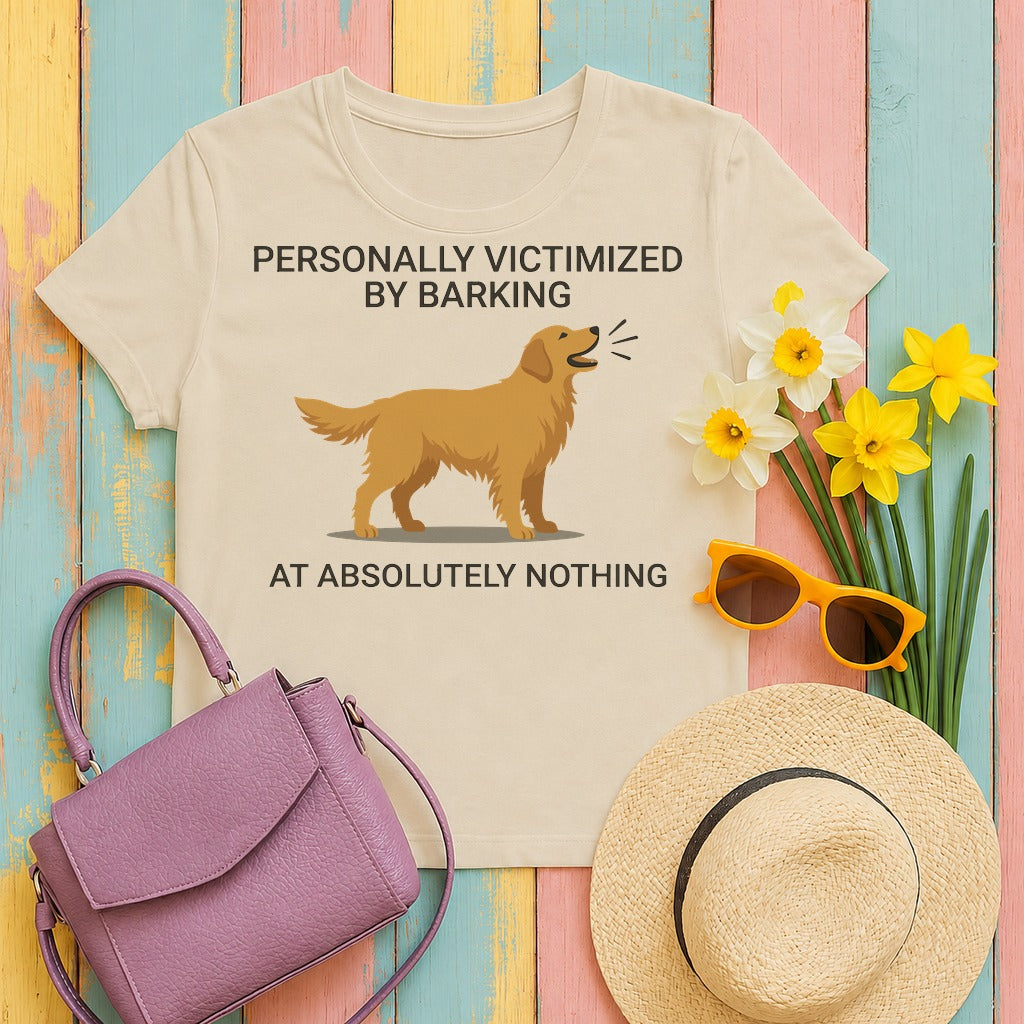 migbackfill victimized-by-barking-golden-retriever-t-shirt tee flat lay hero v8