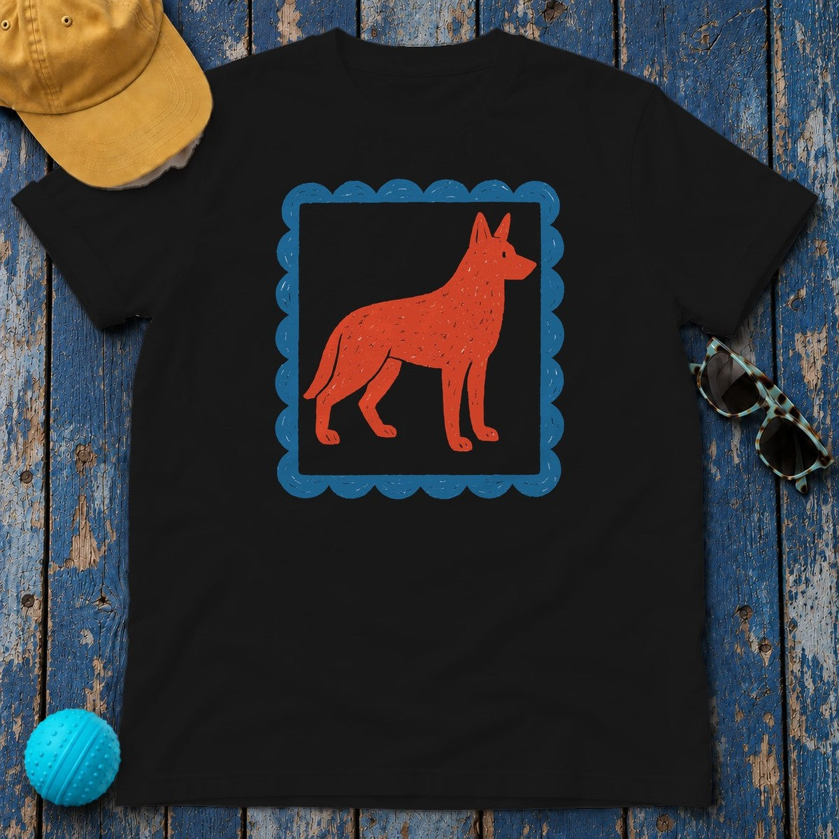 German Shepherd Stamp With Blue Border Decorative Design T-Shirt in Black
