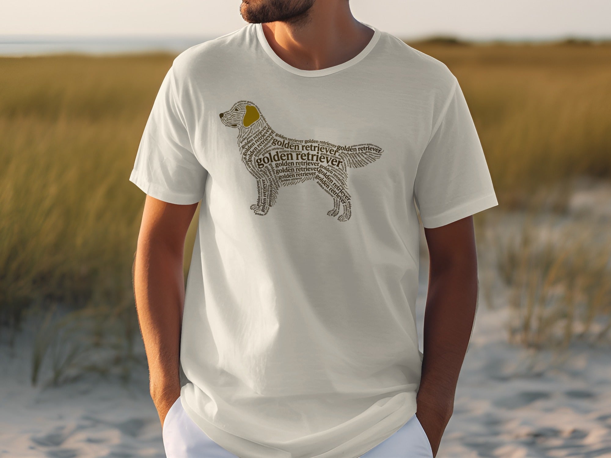 Golden retriever silhouette made of repeating text on a white t-shirt.