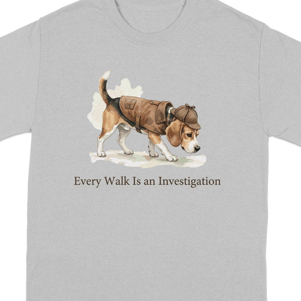 Grey t-shirt with a beagle in a detective hat and coat.