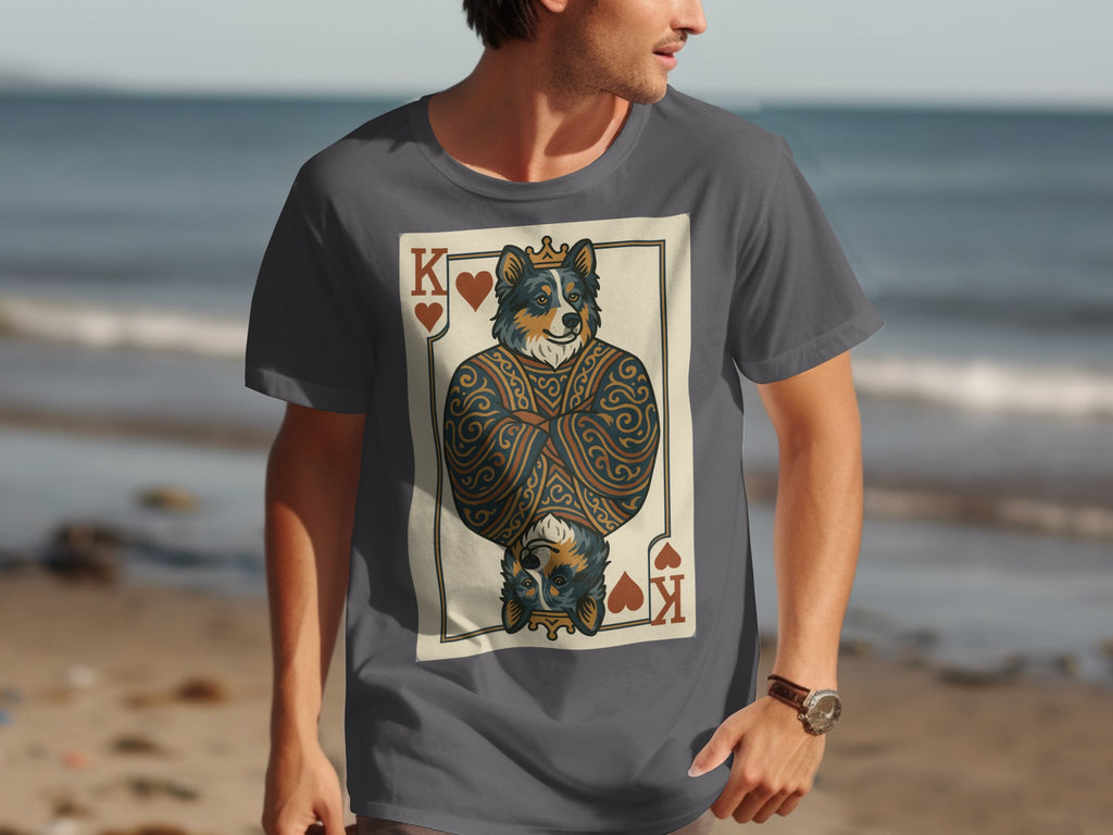 T-shirt featuring a king playing card with a crowned dog wearing ornate clothing.