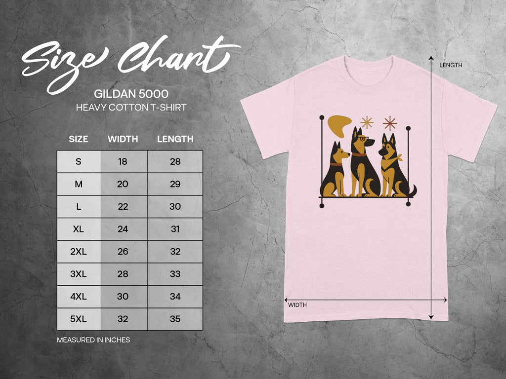 Gildan 5000 Heavy Cotton T-Shirt size chart with measurements in inches.