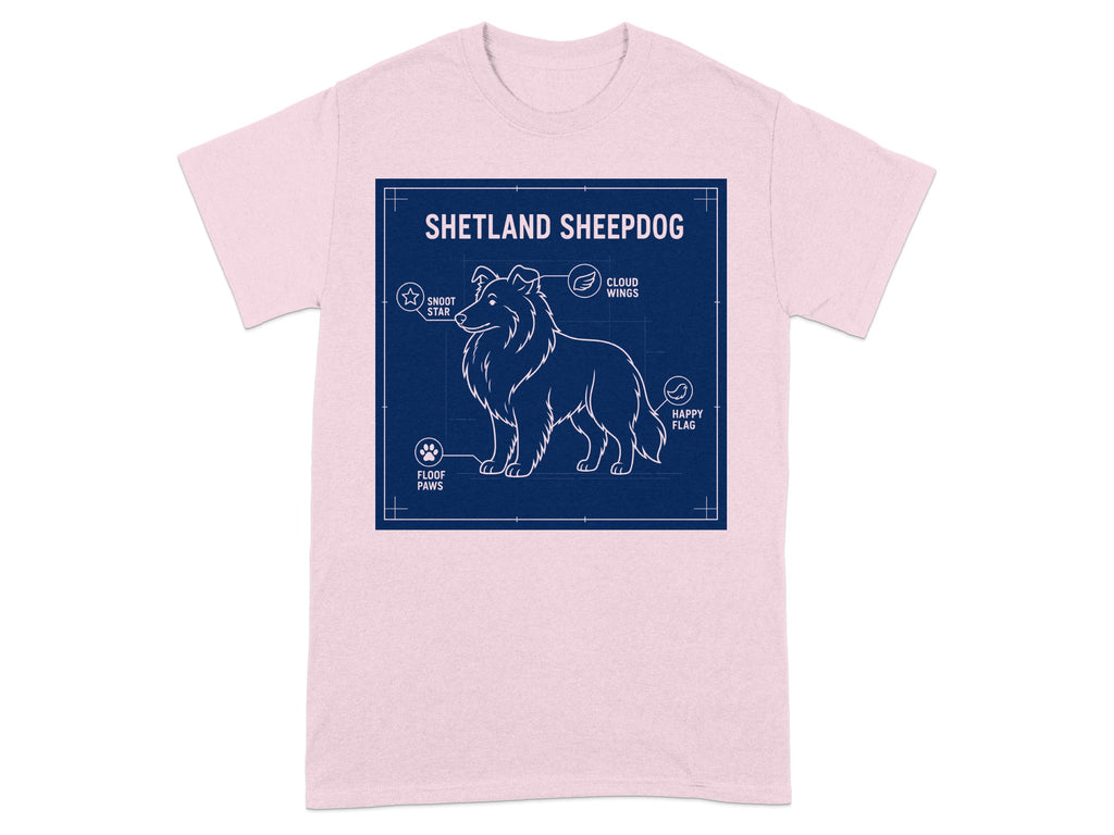 Blueprint diagram of a Shetland Sheepdog with labeled body parts on a pink t-shirt.