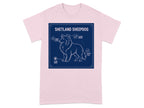 Blueprint diagram of a Shetland Sheepdog with labeled body parts on a pink t-shirt.