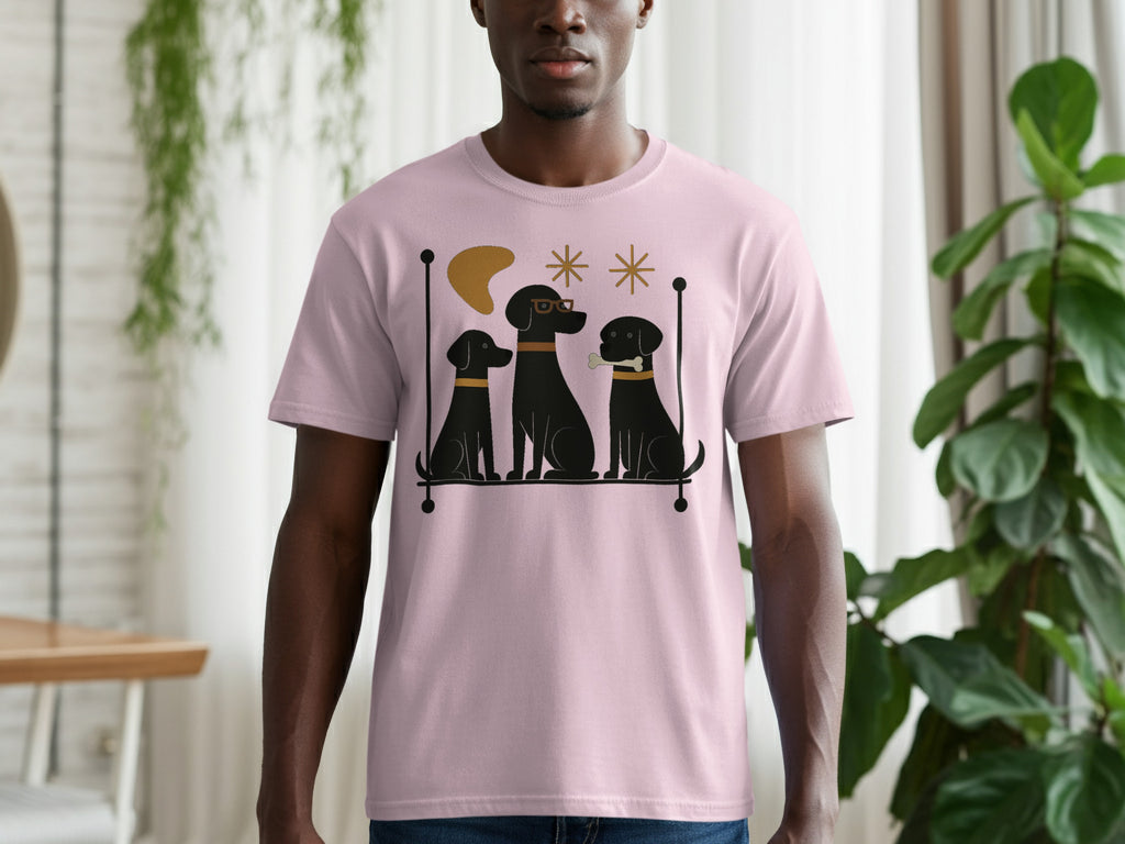 Pink t-shirt with graphic of three black dogs, one wearing glasses and holding a bone.