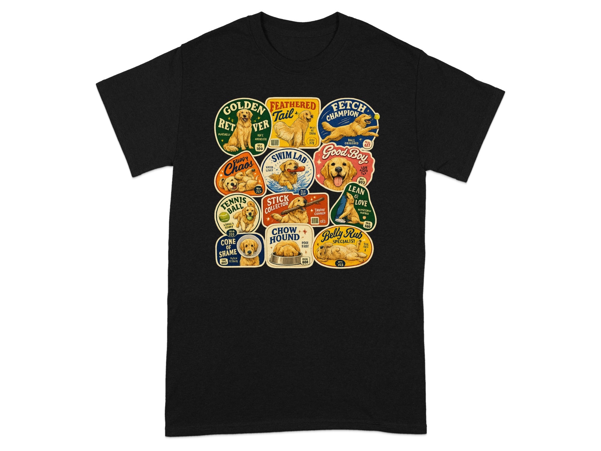 T-shirt with colorful, vintage-style patches of dogs and dog-related activities.