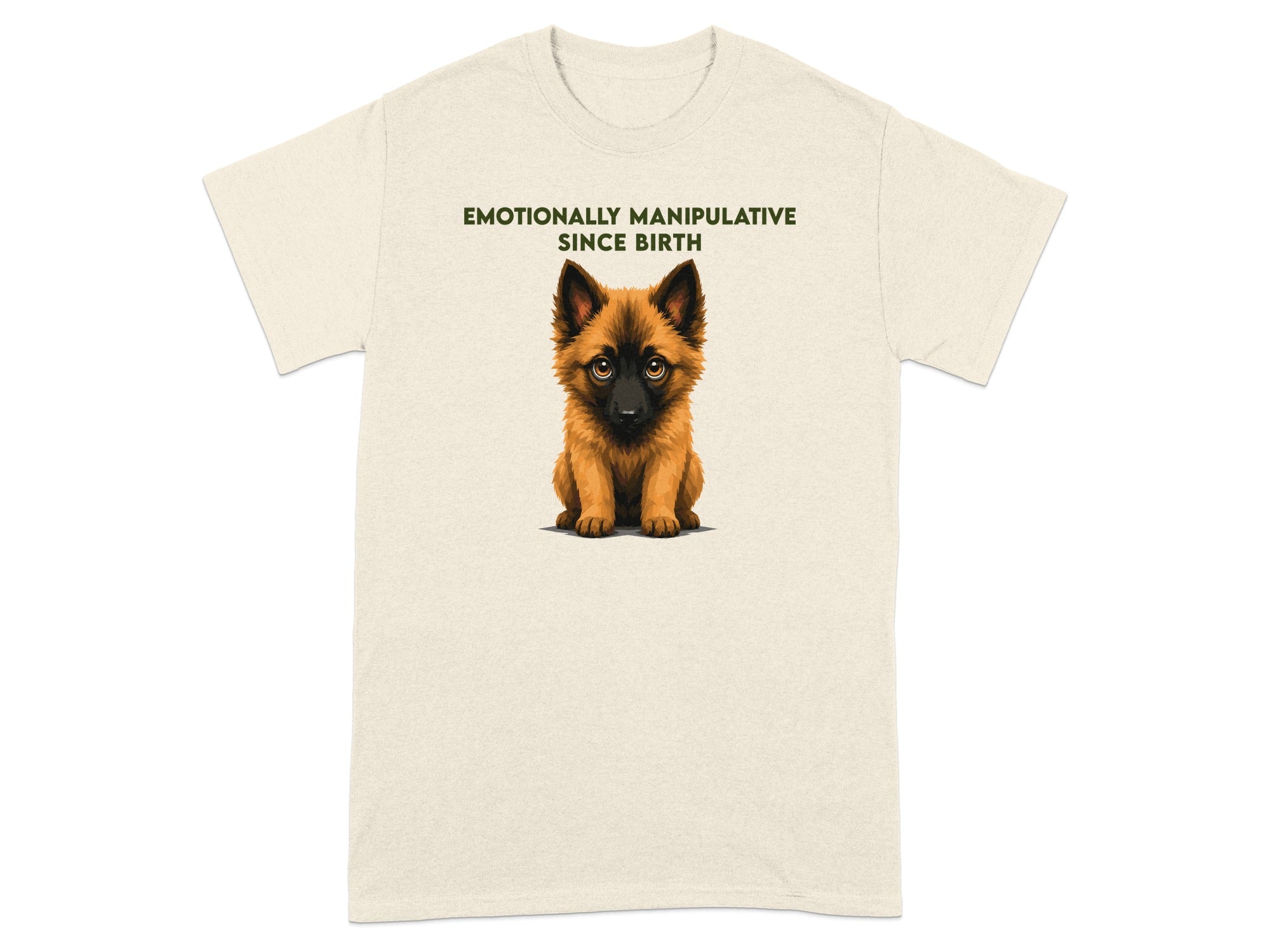 T-shirt with text "Emotionally Manipulative Since Birth" and a puppy illustration.