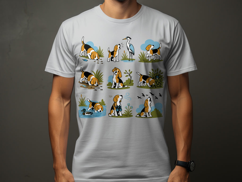 T-shirt with cartoon beagles interacting with nature: birds, ducks, and fish.