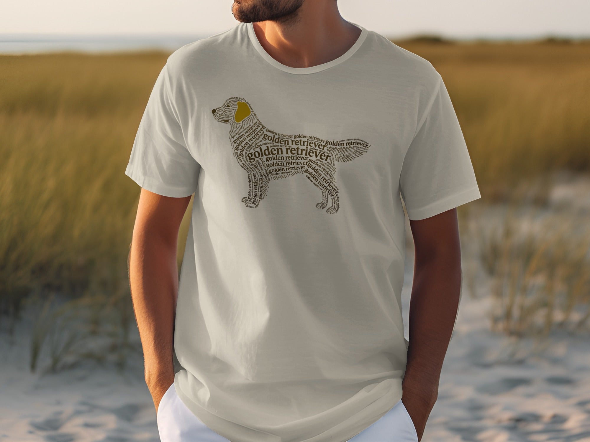 Cream t-shirt with golden retriever silhouette made of text.