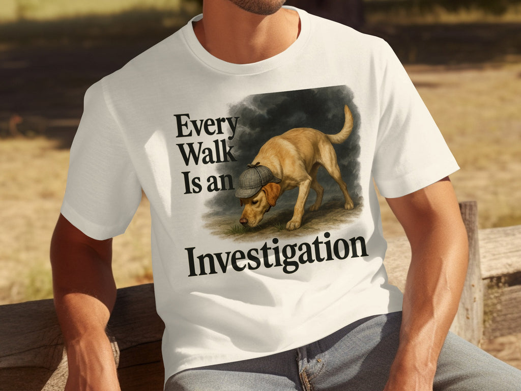 White t-shirt with a Labrador wearing a detective hat and the text "Every Walk Is an Investigation".