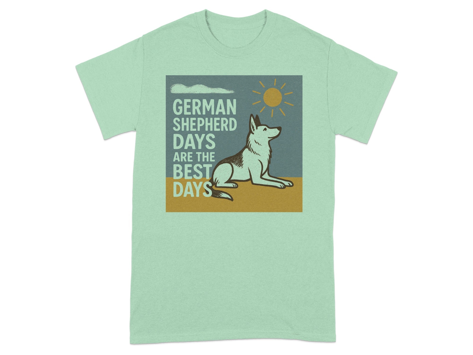 German Shepherd Days are the Best Days graphic on a mint t-shirt.