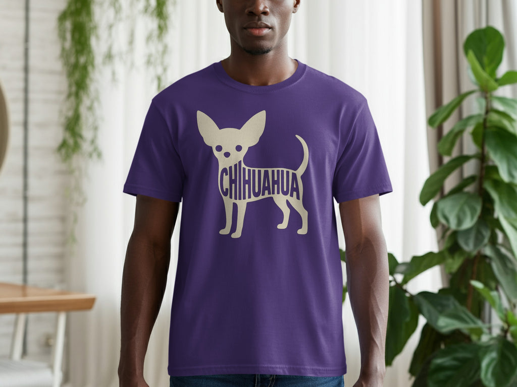 Purple t-shirt with a stylized beige chihuahua graphic containing the word "CHIHUAHUA".