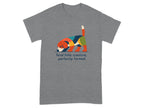 T-shirt with colorful abstract dog illustration and text "feral little creature, perfectly formed".