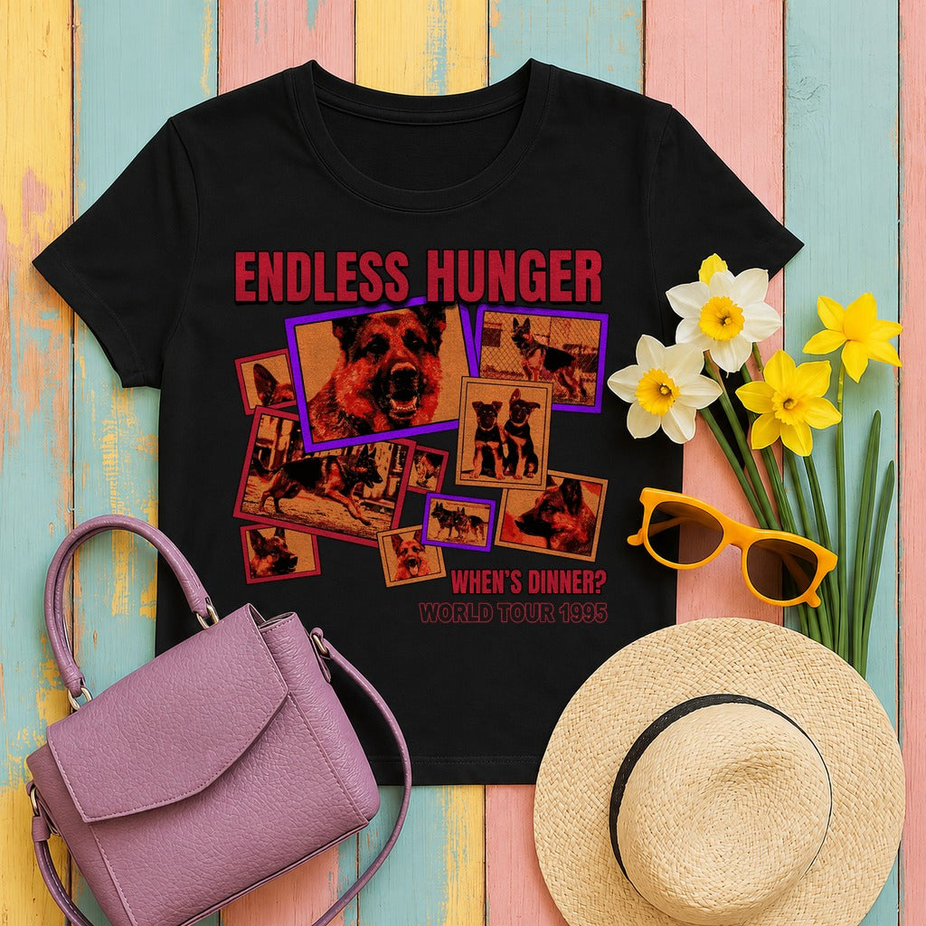 Endless Hunger Whens Dinner? German Shepherd World Tour 1995 Graphic T-Shirt in Black