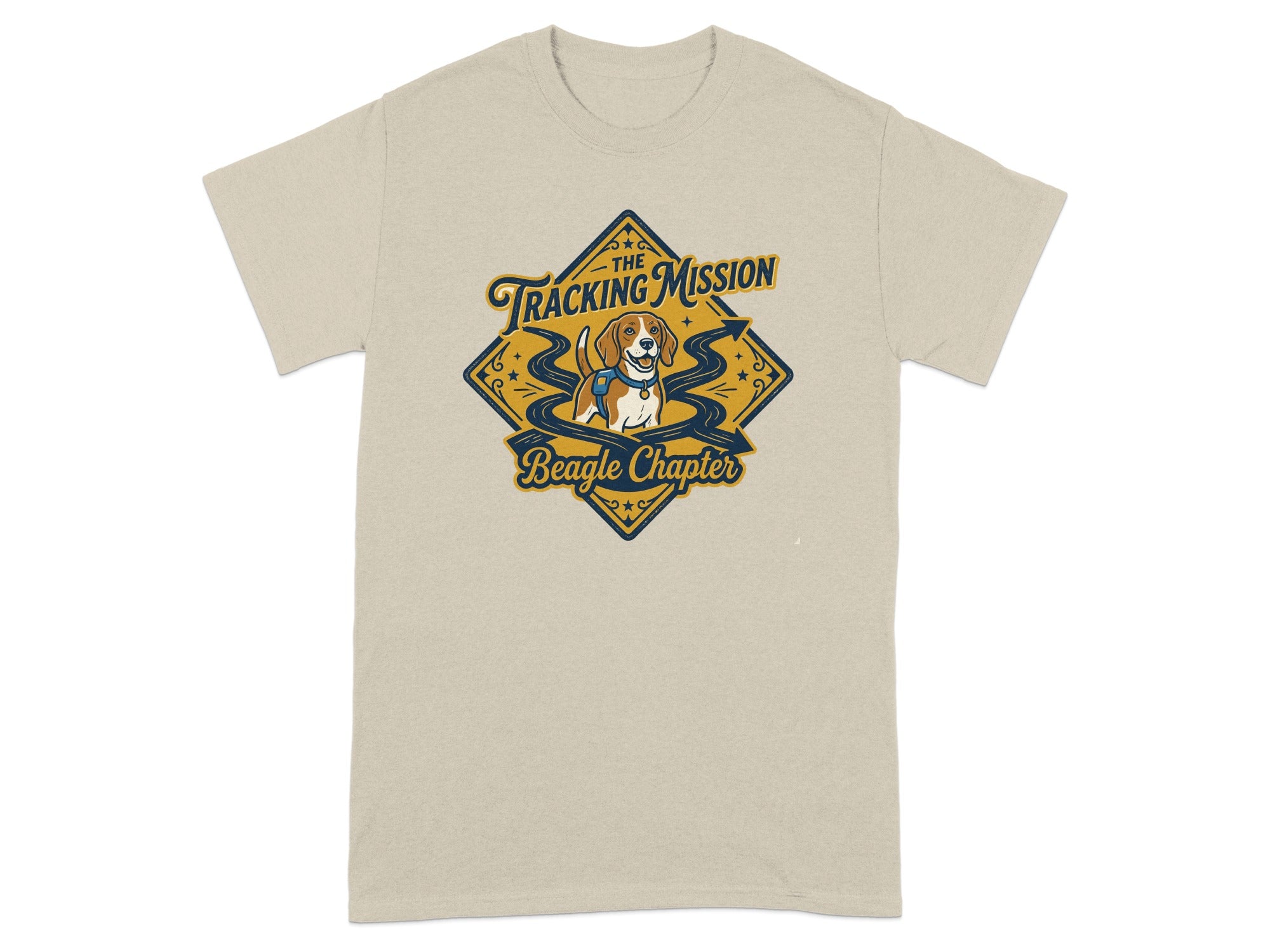 Beagle wearing a bandana on a beige t-shirt with "The Tracking Mission Beagle Chapter" text.