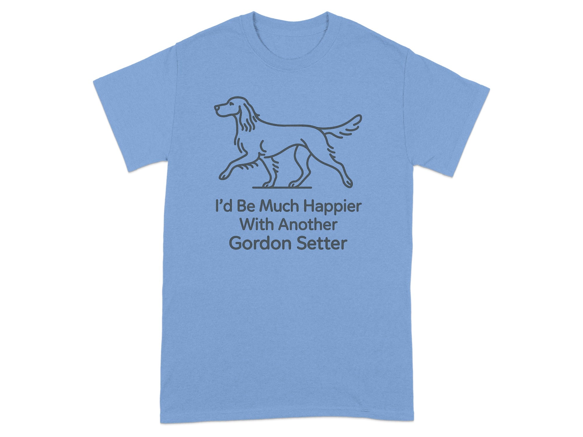 Light blue t-shirt with a line drawing of a Gordon Setter and text.