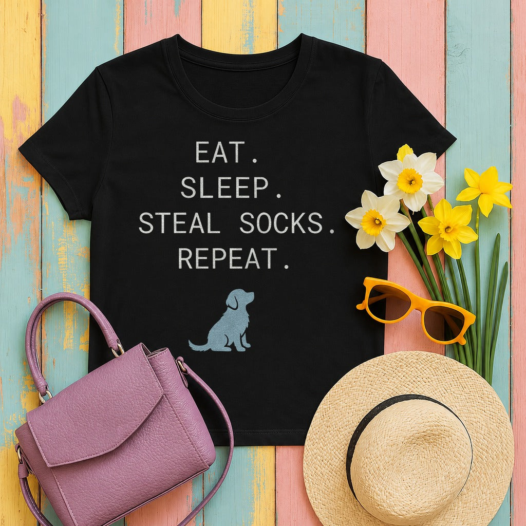 Golden Retriever Code: Eat, Sleep, Steal Socks T-Shirt in Black