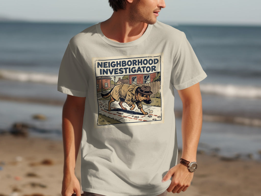 Dog in trench coat and hat with "Neighborhood Investigator" text.