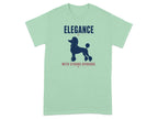 Mint green t-shirt with a navy poodle silhouette and "Elegance With Strong Opinions" text.