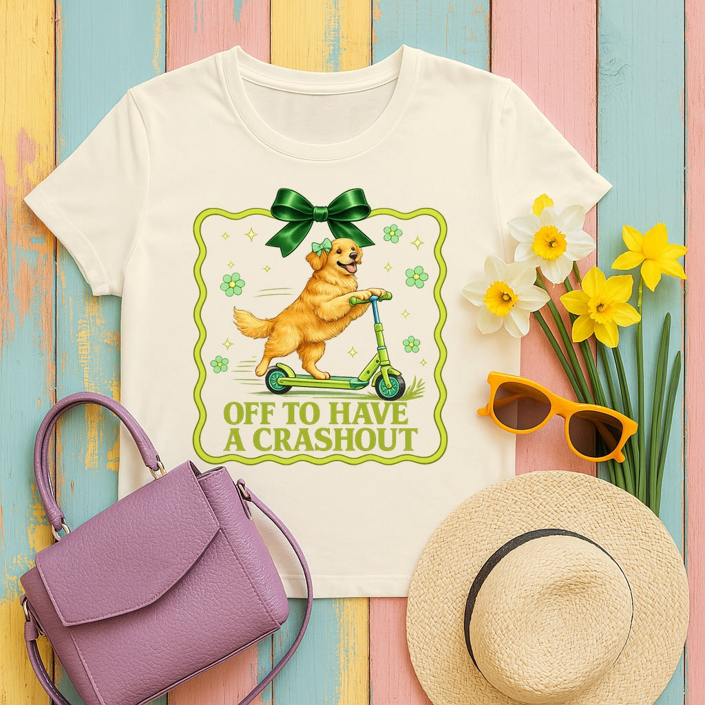 Off to Have a Crashout Golden Retriever T-shirt in Natural