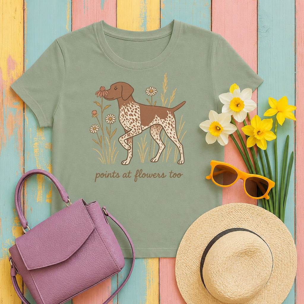 German Shorthaired Pointer Points at Flowers T-shirt in Sage