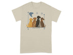 Four dogs in a row on a light brown t-shirt.