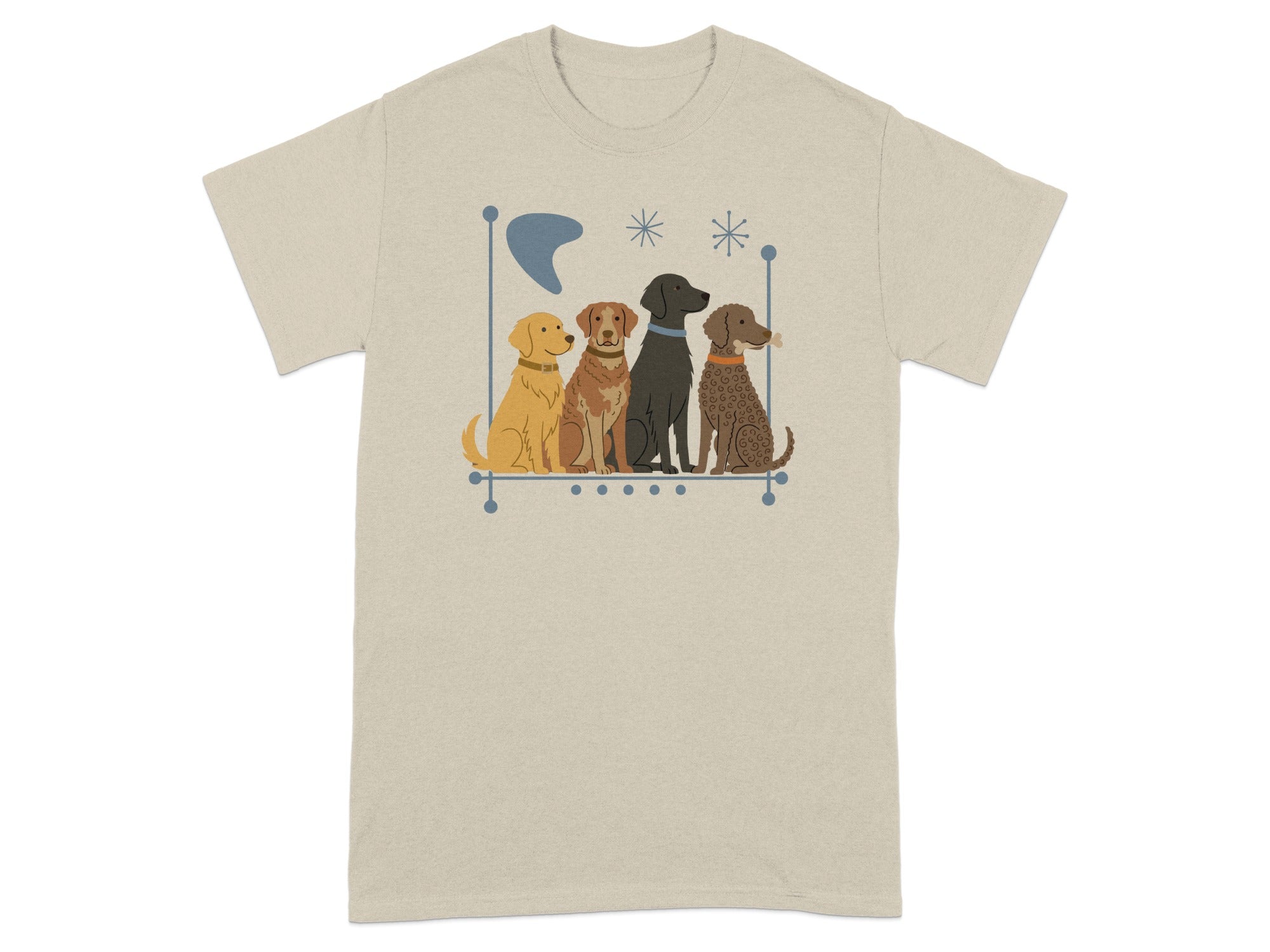 Four dogs in a row on a light brown t-shirt.
