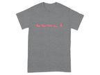 Gray t-shirt with a line of pink corgi silhouettes in different poses.
