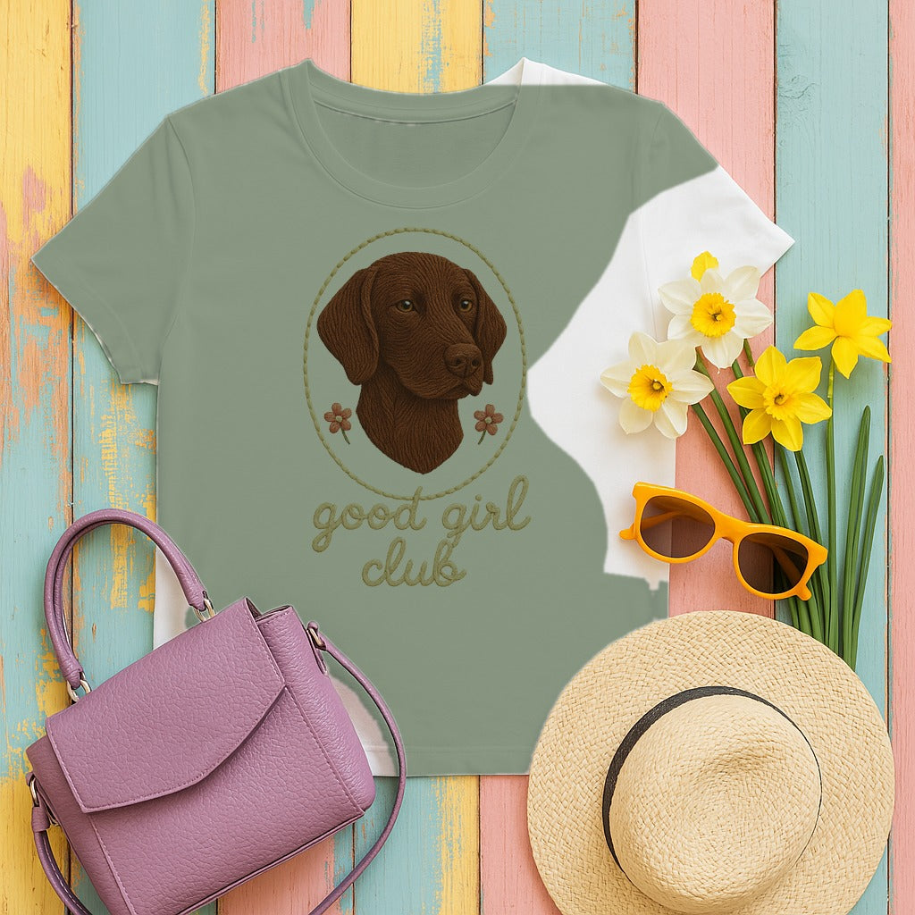 German Shorthaired Pointer Good Girl Club Tee styled flat lay on Sage