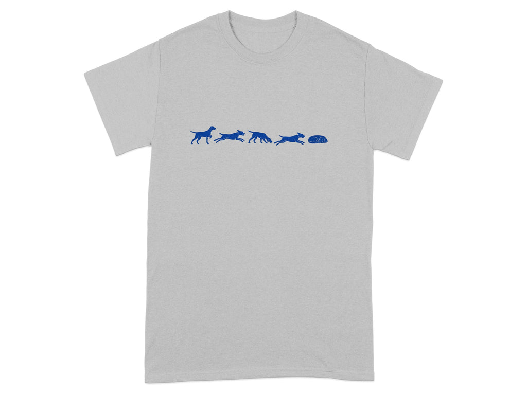 Light grey t-shirt with blue graphic depicting dogs running and a sleeping dog.