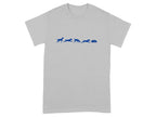 Light grey t-shirt with blue graphic depicting dogs running and a sleeping dog.