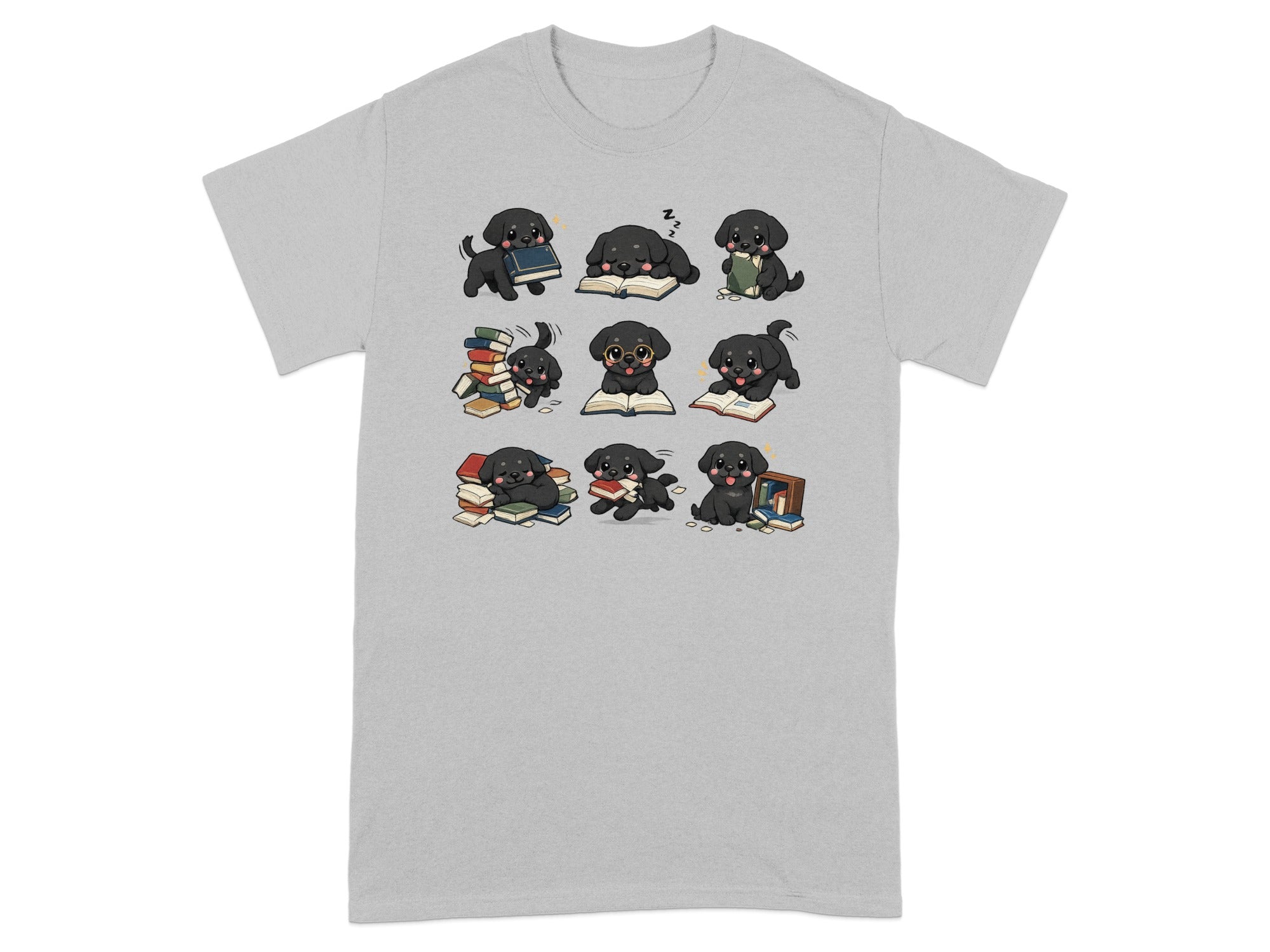 Nine cartoon black puppies interact with stacks of books and read books.