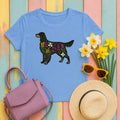 Floral Silhouette of a Black Gordon Setter Elegant Design T-Shirt in Carolina Blue