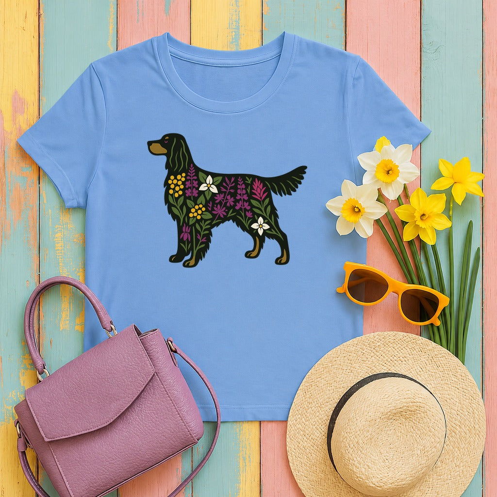 Floral Silhouette of a Black Gordon Setter Elegant Design T-Shirt in Carolina Blue