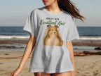 Light gray t-shirt with a dog graphic and the text "Anxiety with Excellent Hair".