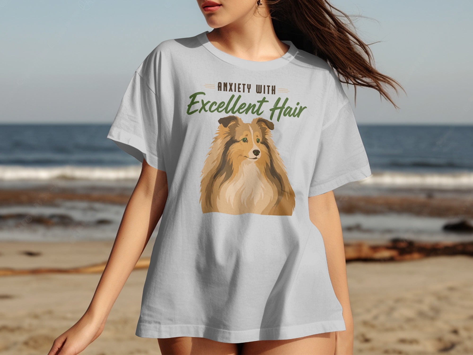 Light gray t-shirt with a dog graphic and the text "Anxiety with Excellent Hair".