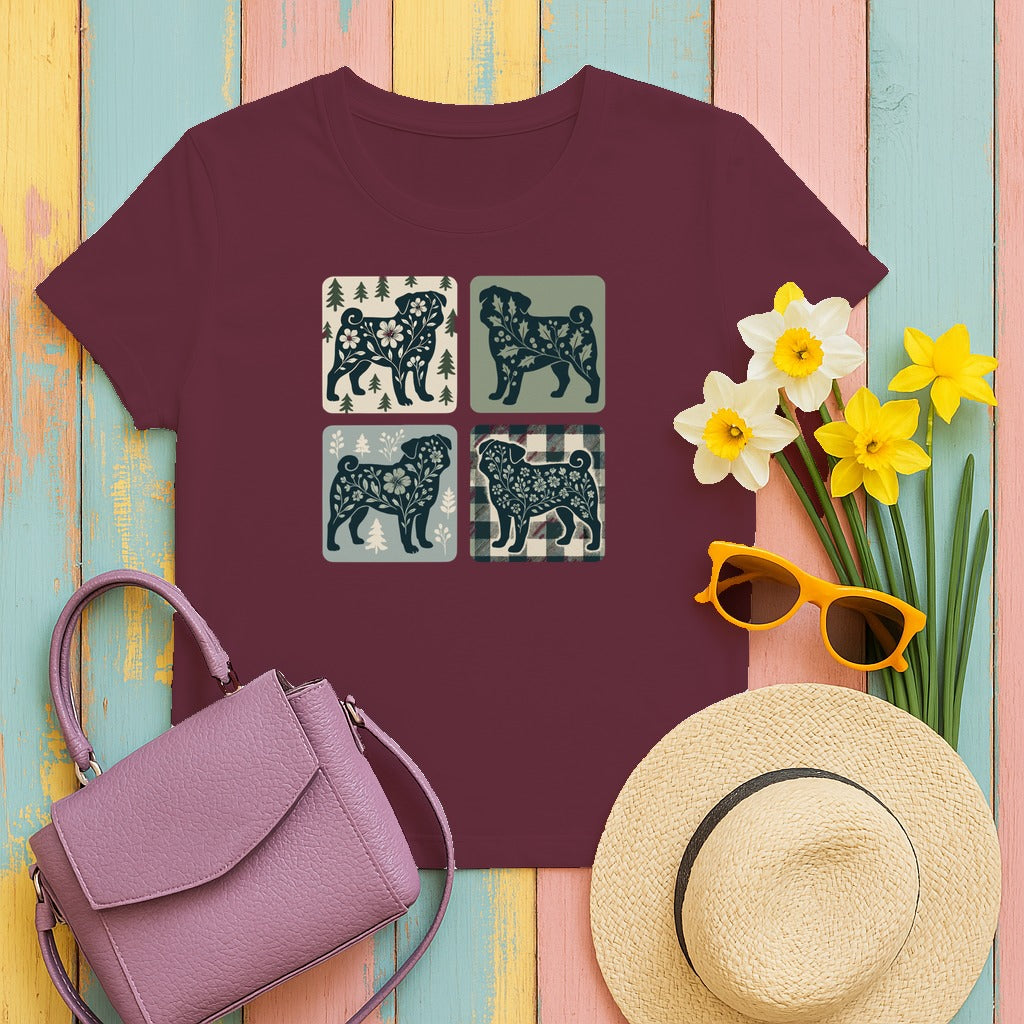 Winter Pug Design T-Shirt in Maroon