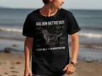 Golden Retriever diagram t-shirt with "Every Walk is an Investigation" text.
