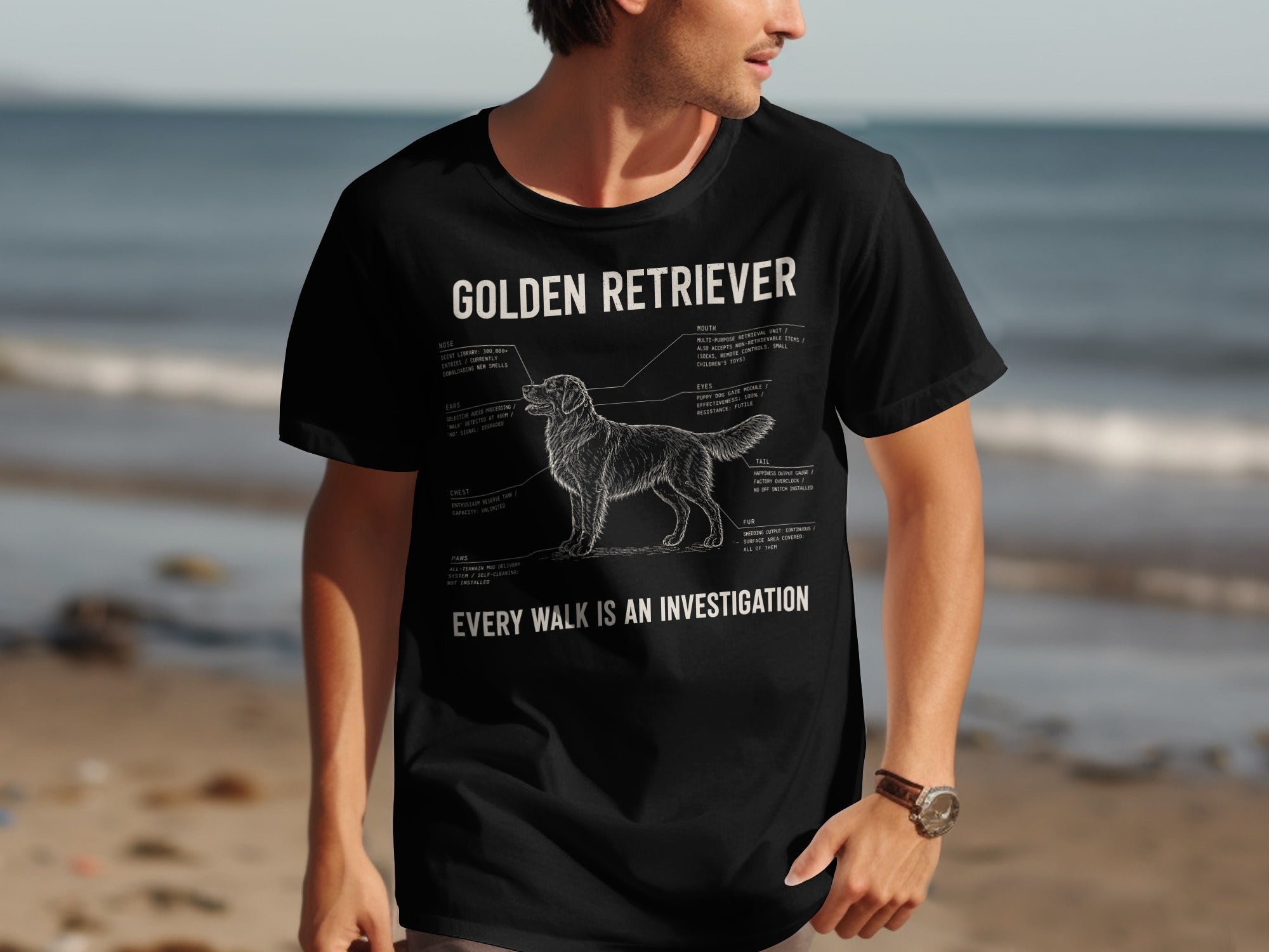 Golden Retriever diagram t-shirt with "Every Walk is an Investigation" text.