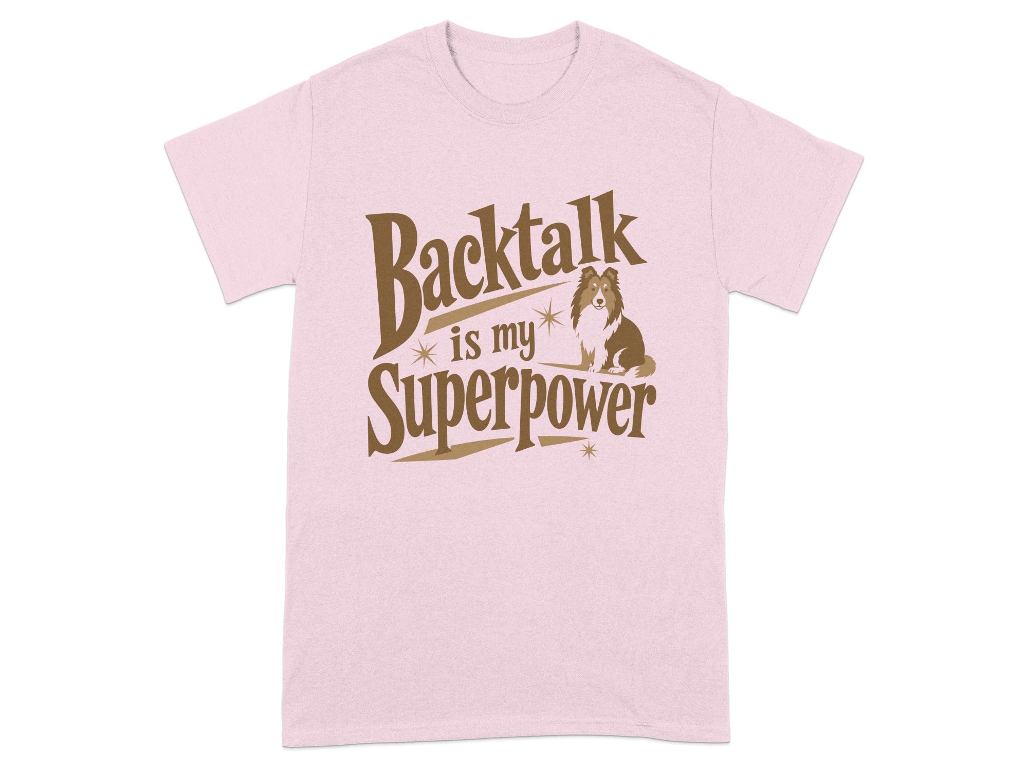 Pink t-shirt with "Backtalk is my superpower" and a dog illustration.