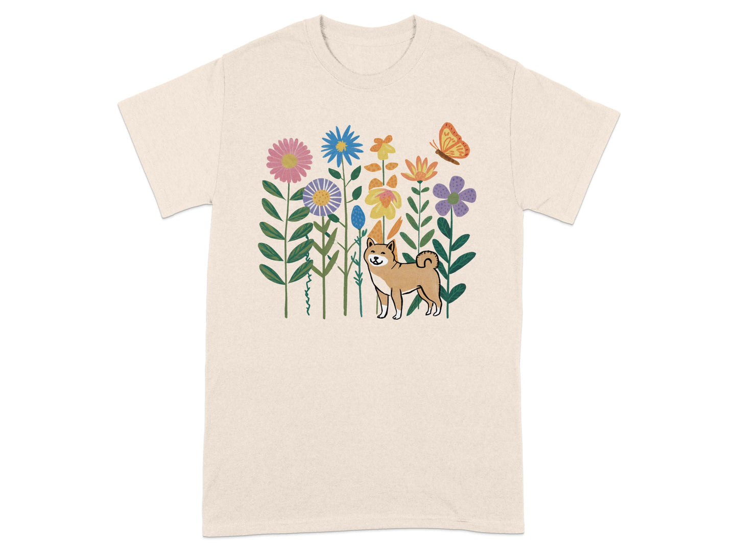 Shiba Inu Among Flowers with Butterfly T-shirt product type