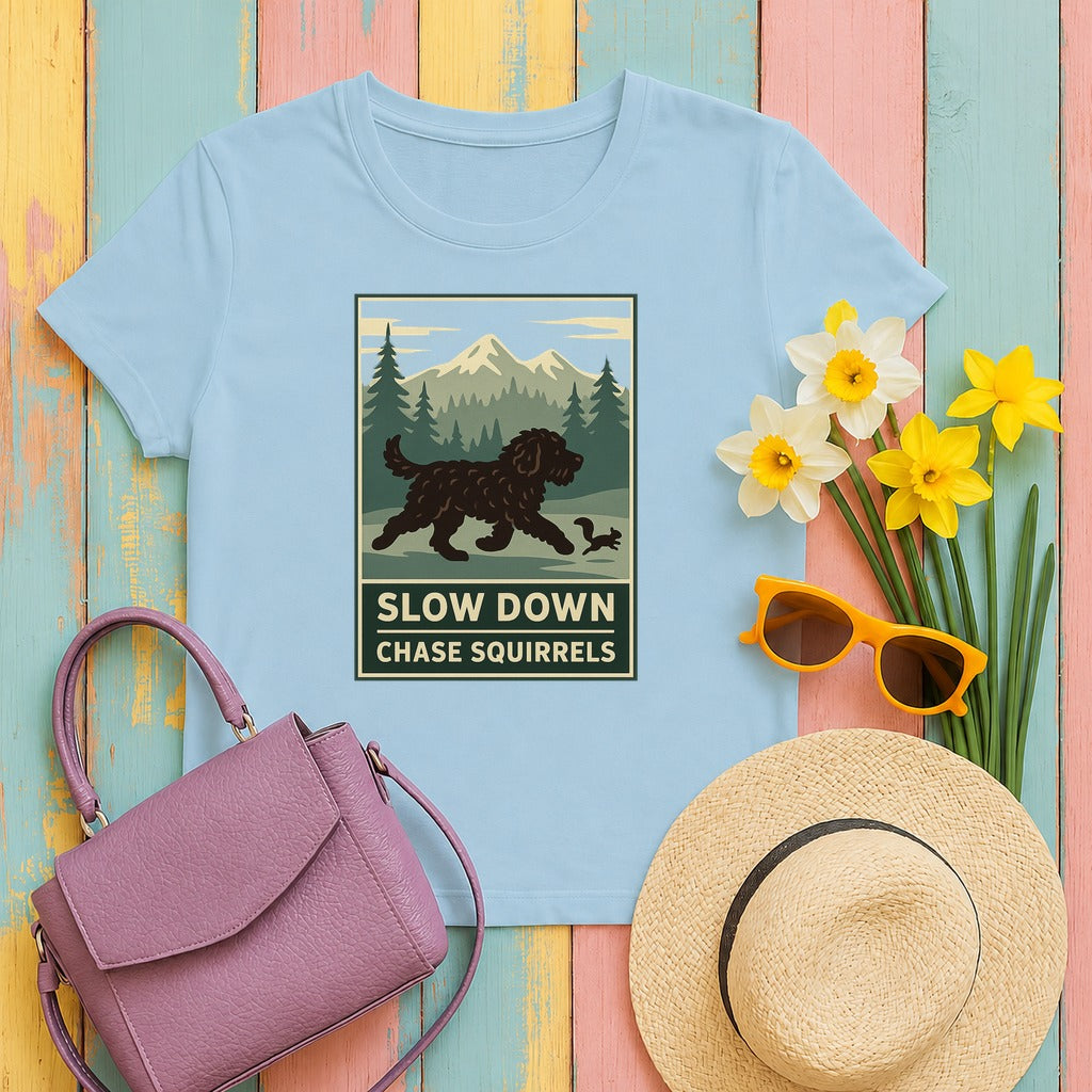 Barbet Slow Down. Chase Squirrels. Tee in Light Blue