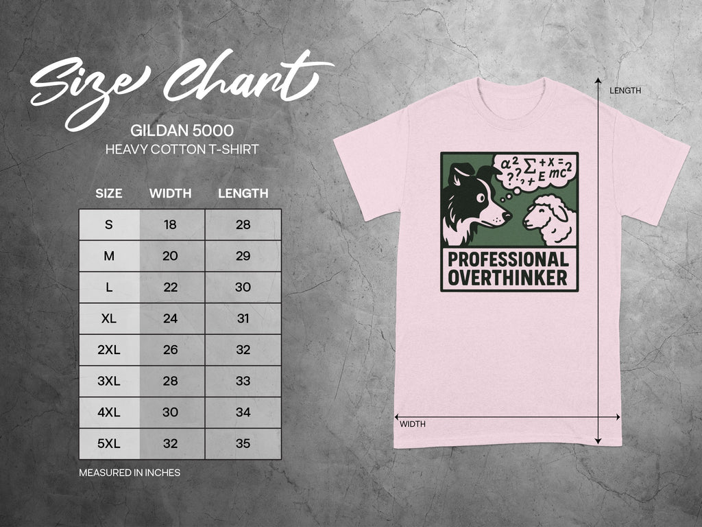 Gildan 5000 t-shirt size chart with width and length measurements.