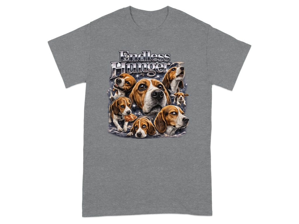 Beagle dogs surround text "Endless Hunger" on a grey t-shirt.
