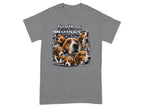 Beagle dogs surround text "Endless Hunger" on a grey t-shirt.