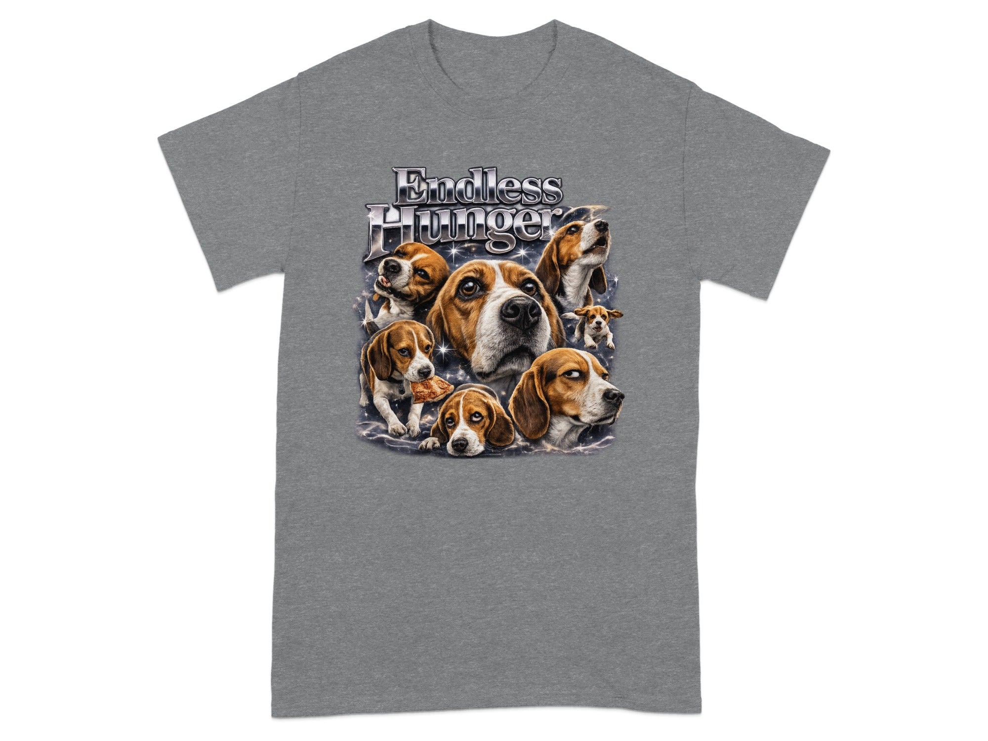 Beagle dogs surround text "Endless Hunger" on a grey t-shirt.
