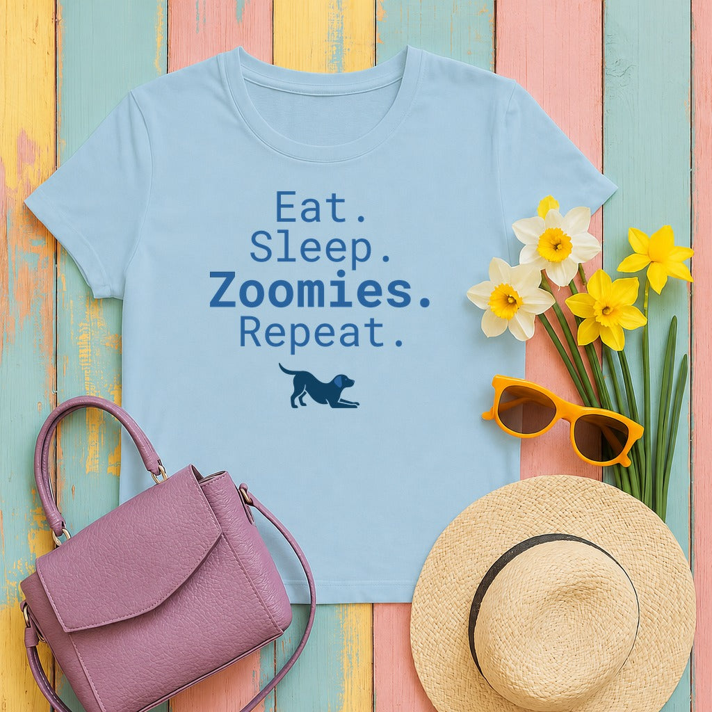 Zoomies Life: Playful Pup Graphic T-Shirt in Light Blue
