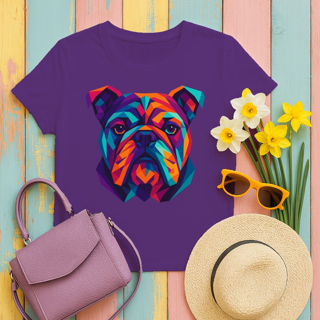 Colorful Geometric Bulldog Design Illustration Art T-Shirt in Purple